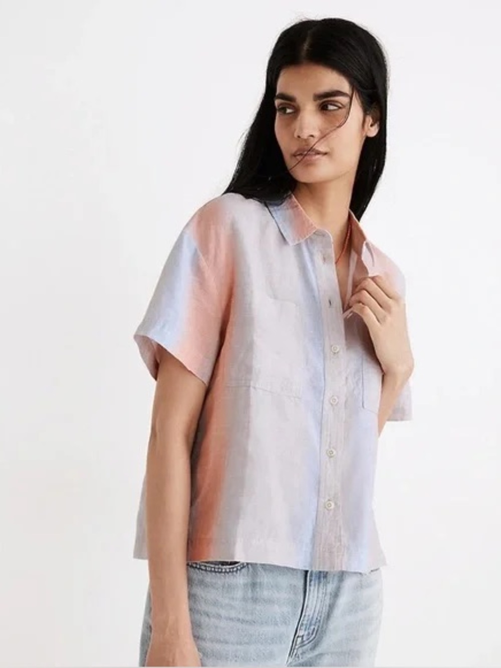 Madewell Linen Beachside Striped Button Down Shirt XS Peach Gray Blue